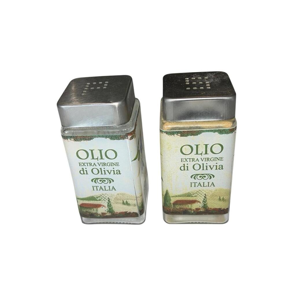 Tuscan Olive Oil Glass Salt‎ Pepper Shakers Set Square Metal Lids Kitchen Decor